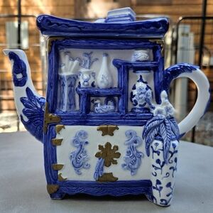 Whimsical RARE Asian Hand-Painted Blue & White Bureau Decorative Ceramic Teapot